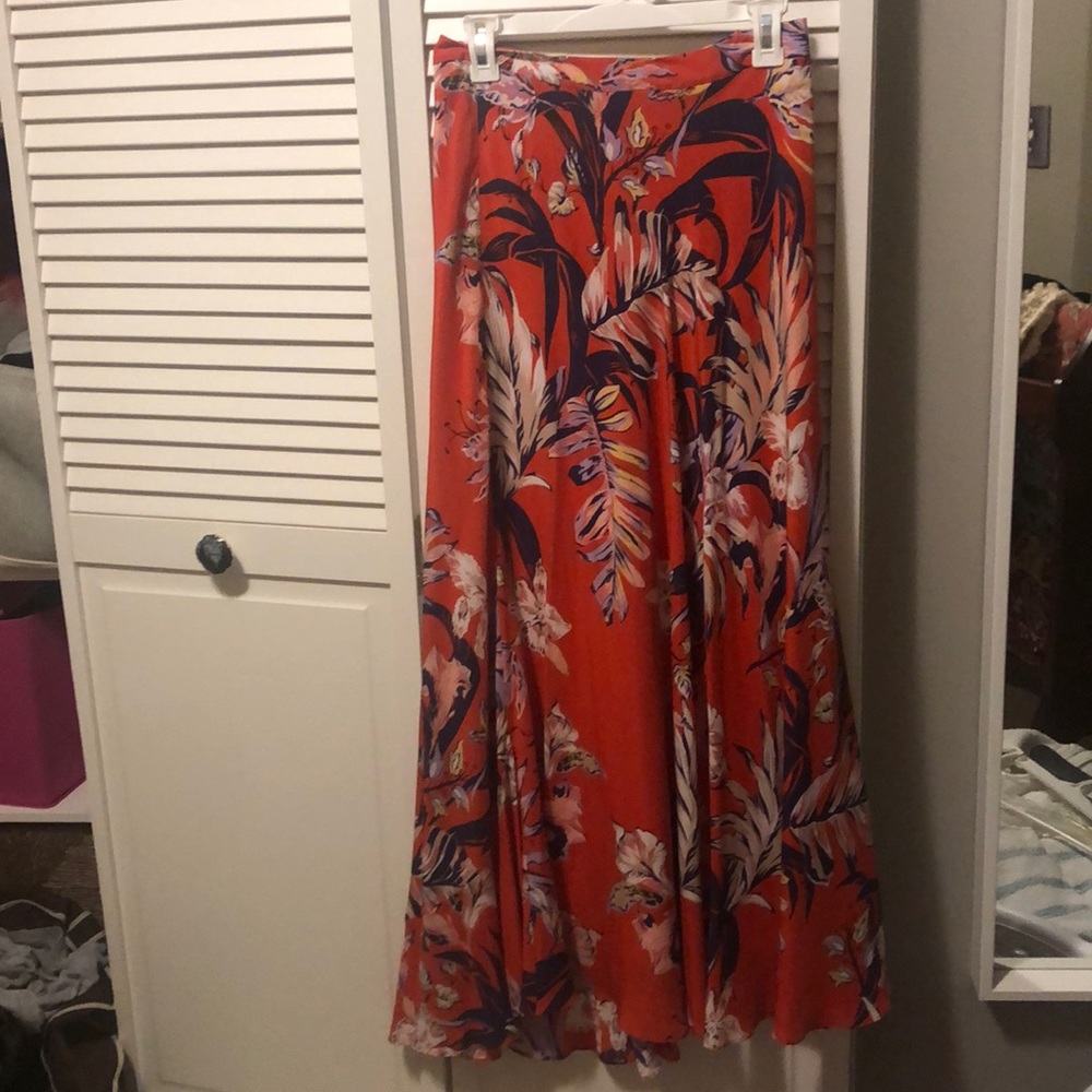 Anthro 100% silk outer skirt in bright red